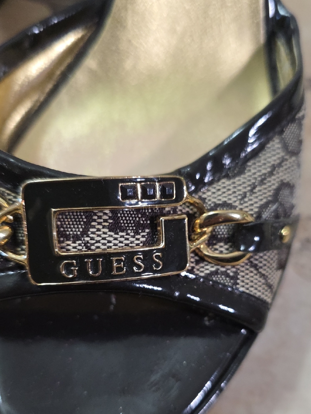 GUESS Brown Signature Pattern Cork Wedge Sandals with Gold Accent 8 - Picture 4 of 7